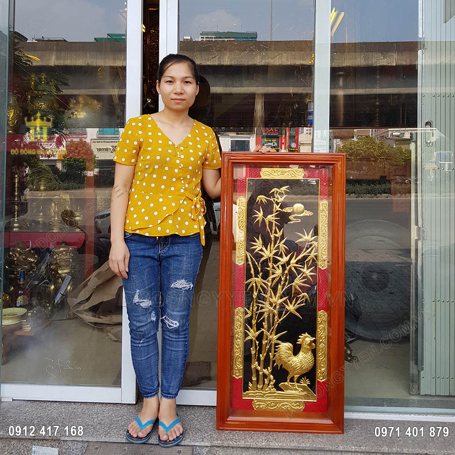 Tranh đồng g&agrave; trống d&aacute;t v&agrave;ng 24K 86cm